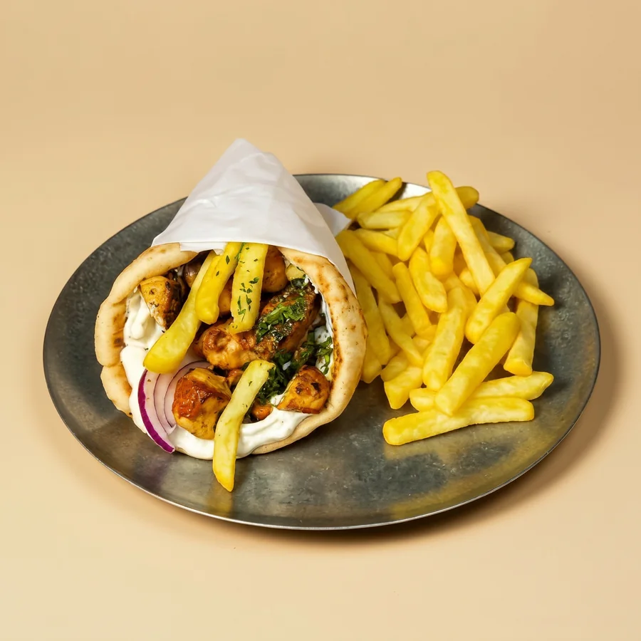 Chicken gyros and fries — after