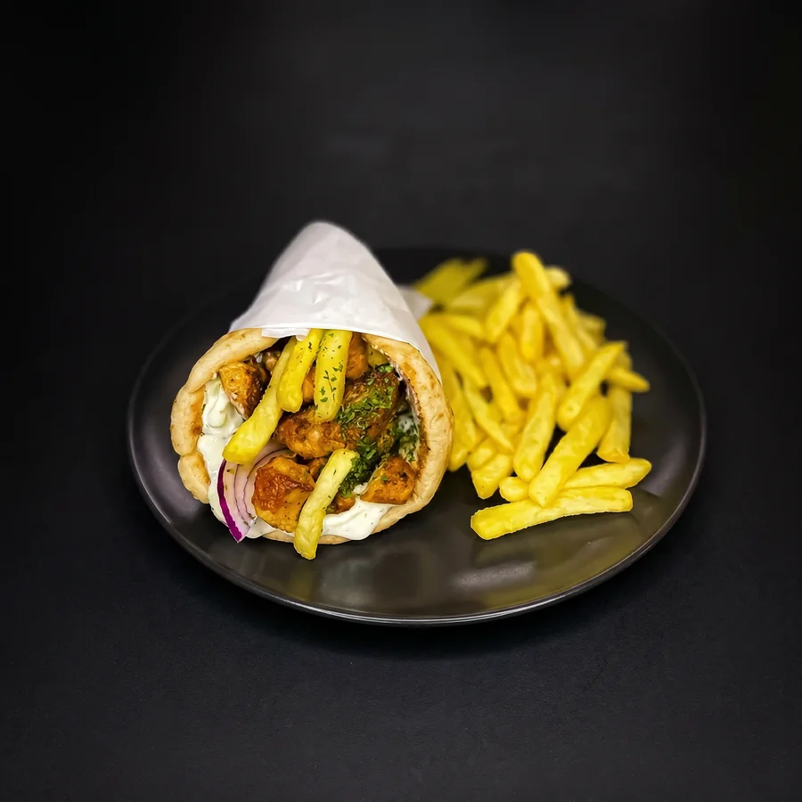 Chicken gyros and fries — before